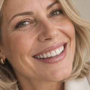 Mulher sorrindo com dentes bem cuidados, ilustrando o implante dentário na Mooca