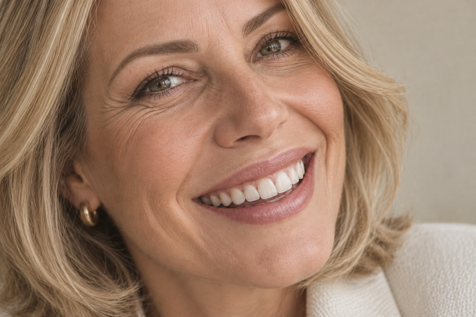 Mulher sorrindo com dentes bem cuidados, ilustrando o implante dentário na Mooca
