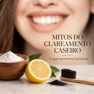Bicarbonato, limão e escova com carvão ativado em frente a um sorriso, ilustrando os mitos do clareamento dental caseiro