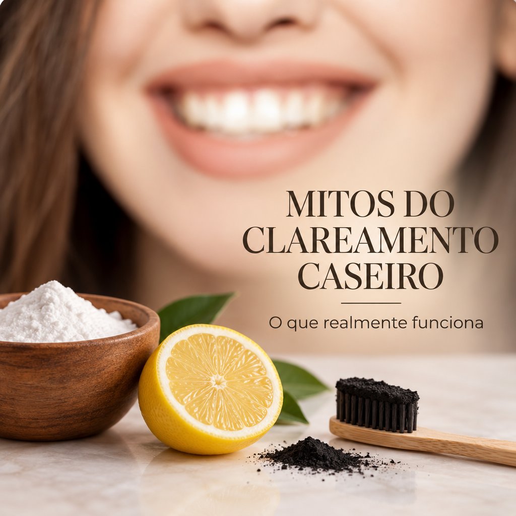 Bicarbonato, limão e escova com carvão ativado em frente a um sorriso, ilustrando os mitos do clareamento dental caseiro